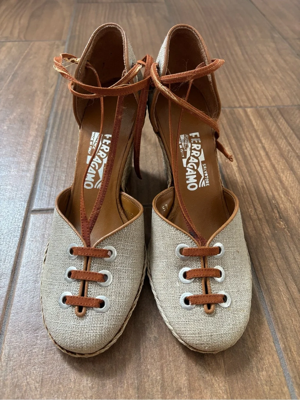 Salvatore Ferragamo Jute Fabric and Leather Espadrille Wedge Pumps Size 8